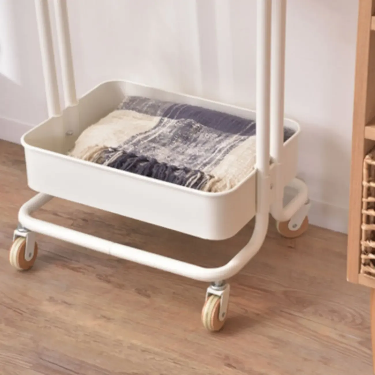 Modern Metal Coat Rack with Wheels and Basket Image - 11