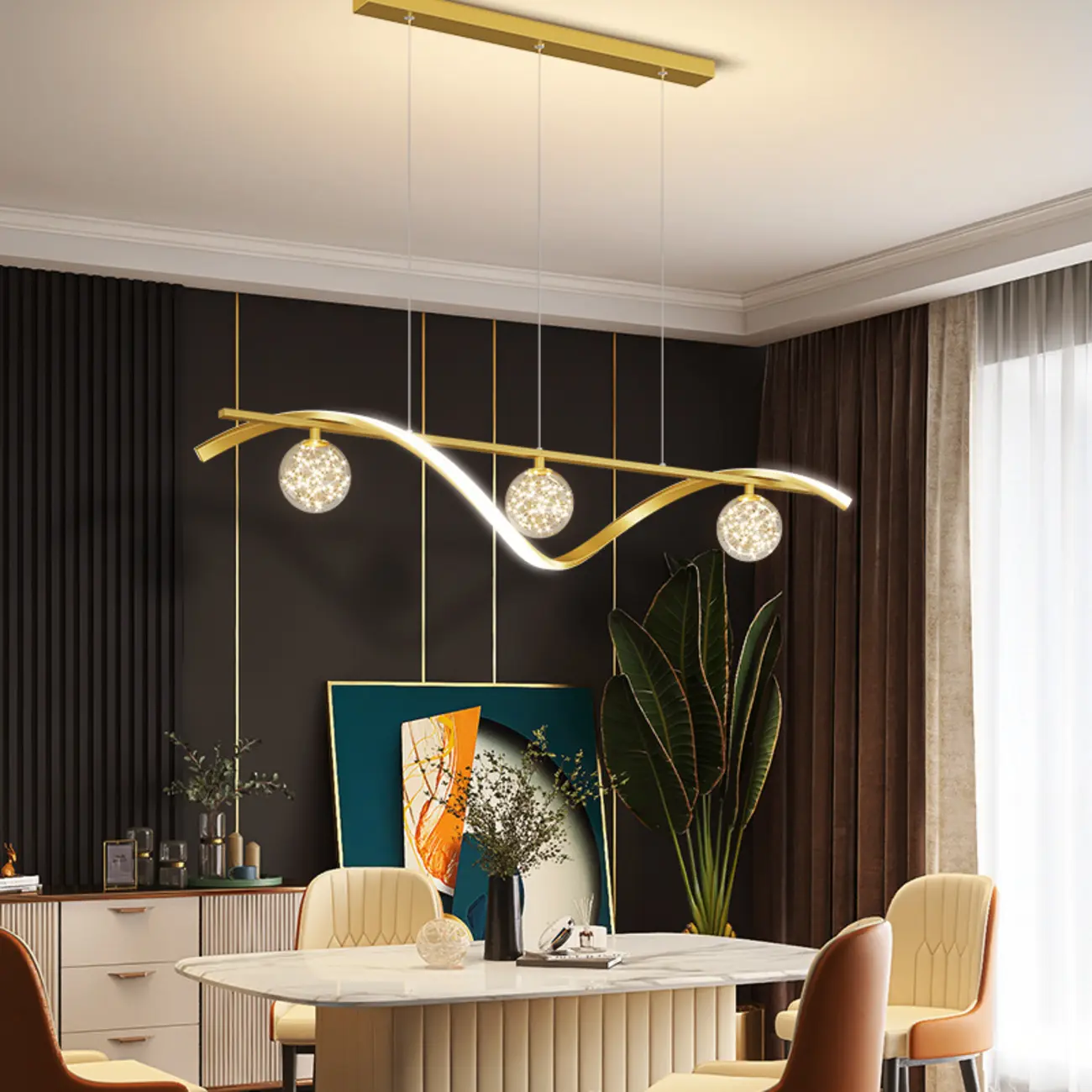 Large 3 Light Gold Glass Ball Island Pendant Light in Metal Linear Shape Image - 2 | homeyfad