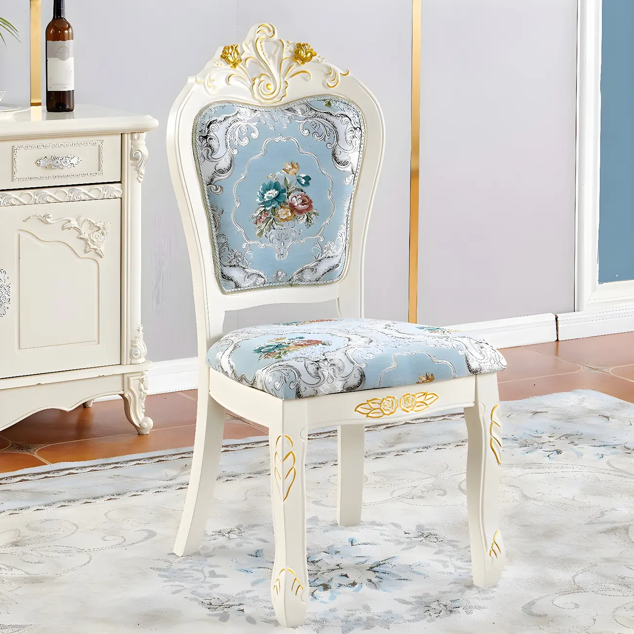 White Wood Victorian Upholstered Dining Chair Image - 1 | homeyfad