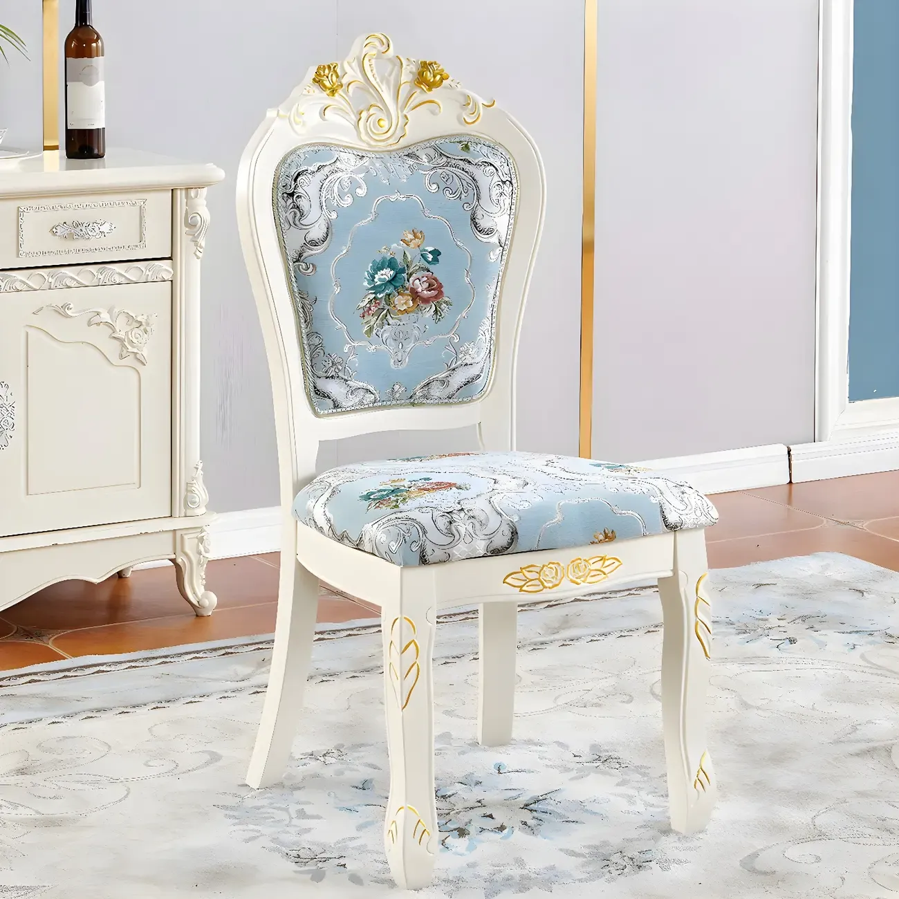 White Wood Victorian Upholstered Dining Chair Image - 1