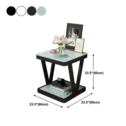 Modern Black Bedside Table with Glass Top and Open Storage Image - 16