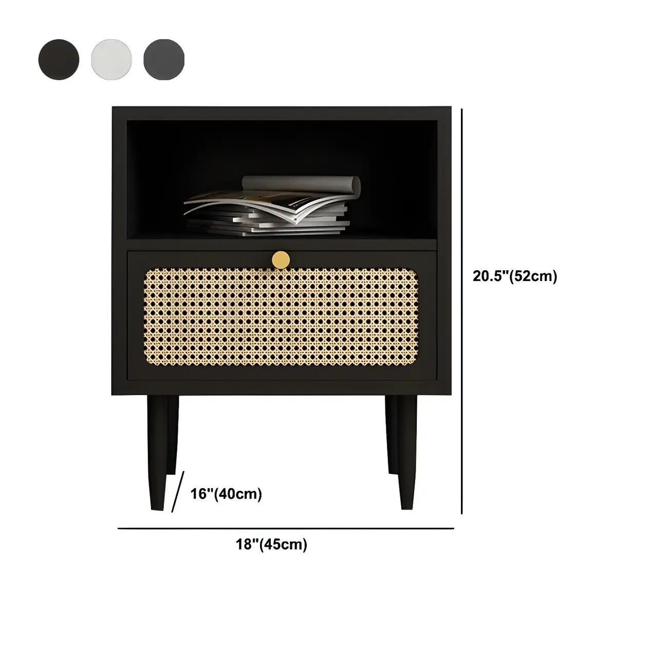 Classic Black Wooden Bedside Table with Wicker Storage Drawers #size