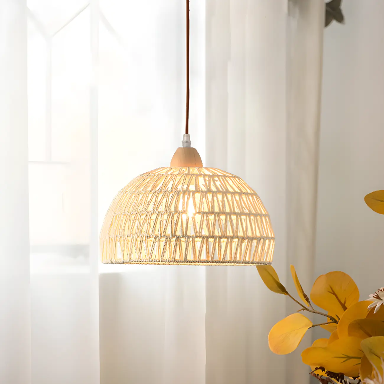 Natural Rattan Dome Pendant Lamp for Living Room Image - 1 | homeyfad