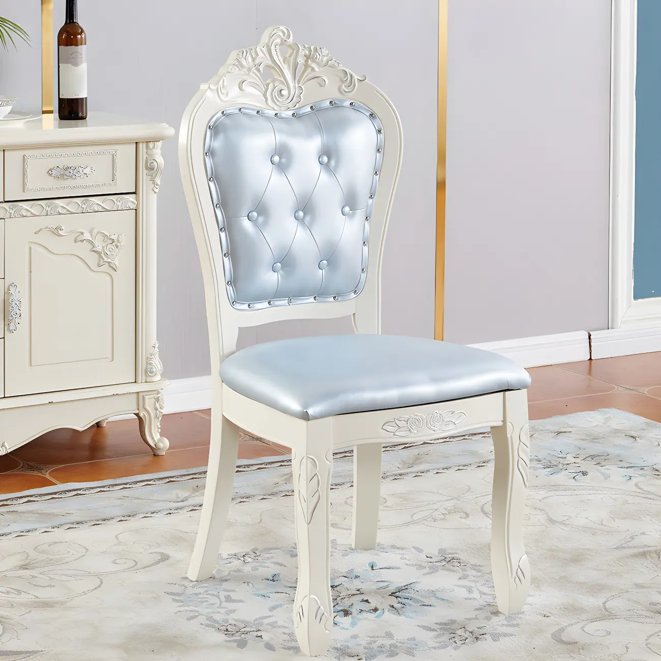 White Wood Victorian Upholstered Dining Chair Image - 7 | homeyfad