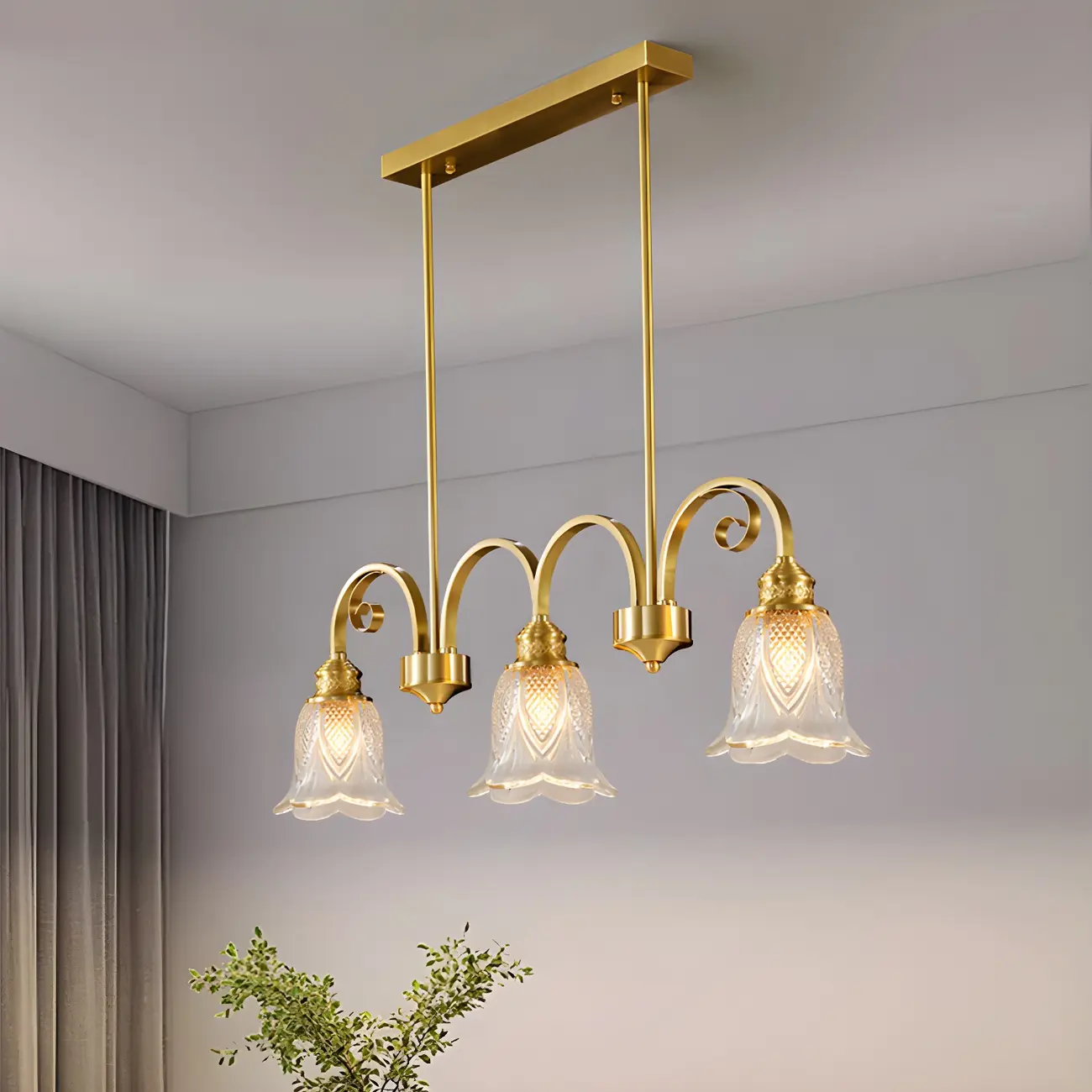 Brass Geometric Island Pendant Light with Glass Floral Shape Image - 2 | homeyfad