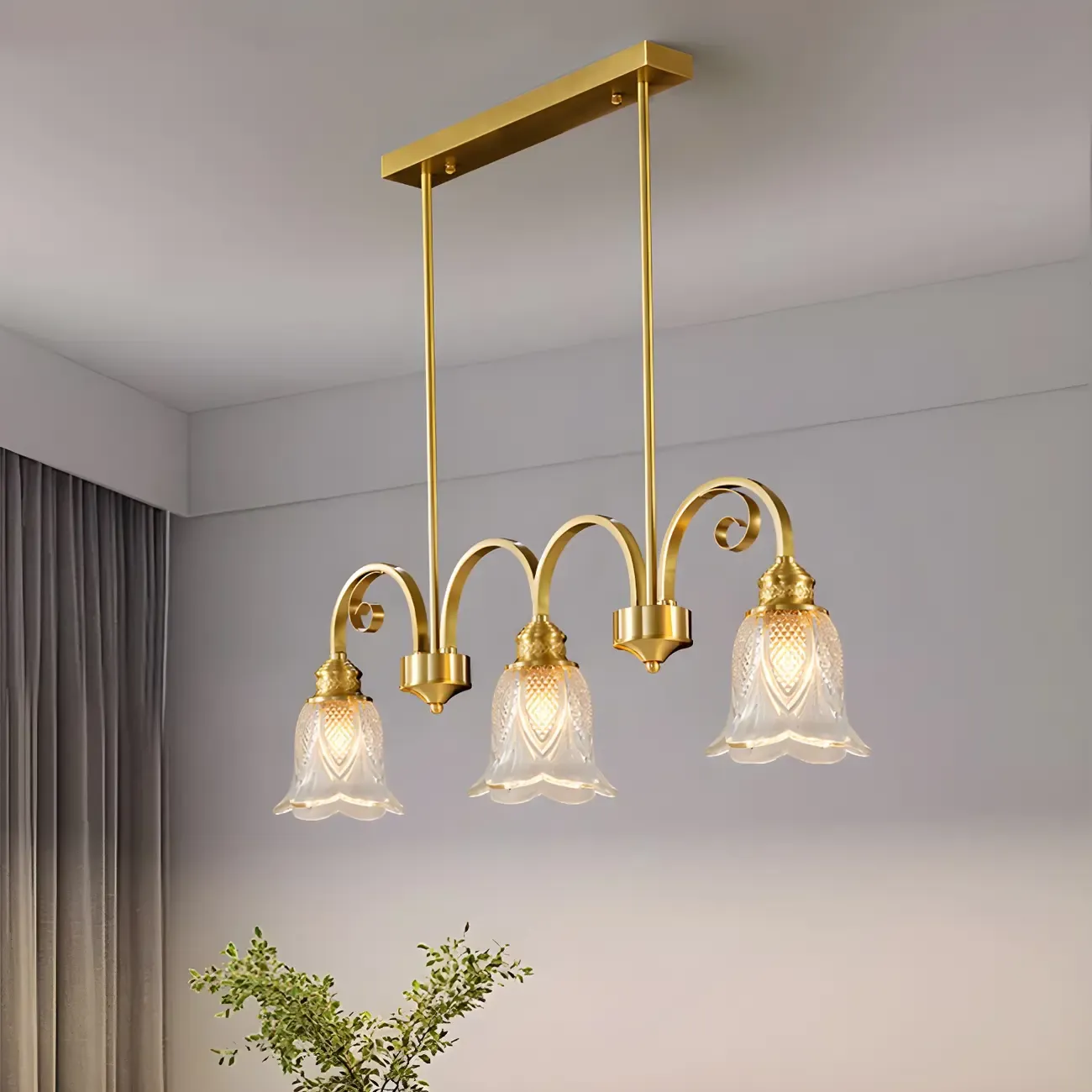 Brass Geometric Island Pendant Light with Glass Floral Shape Image - 2