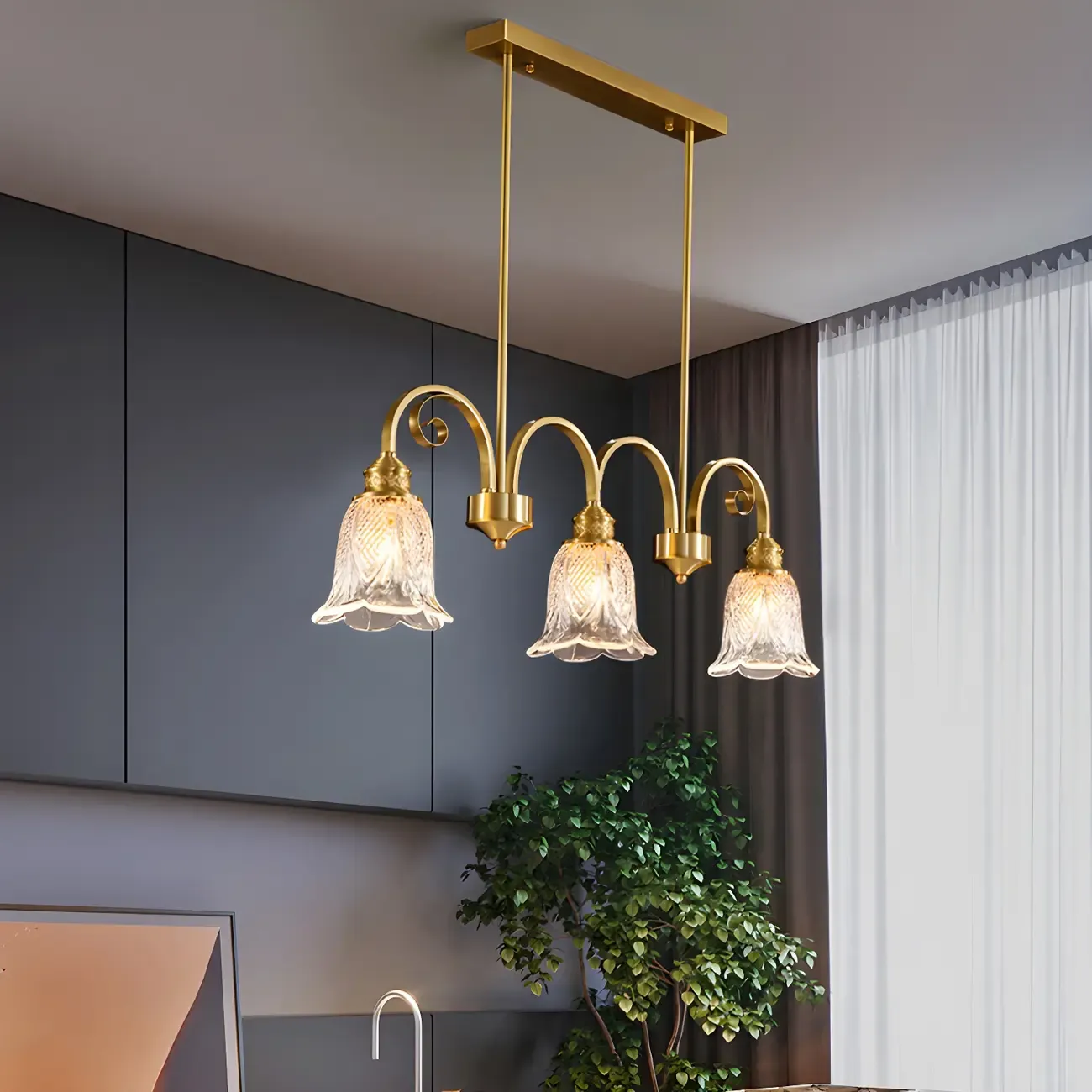 Brass Geometric Island Pendant Light with Glass Floral Shape Image - 3