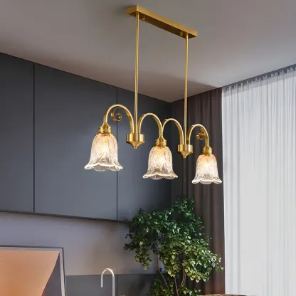 Brass Geometric Island Pendant Light with Glass Floral Shape Image - 3