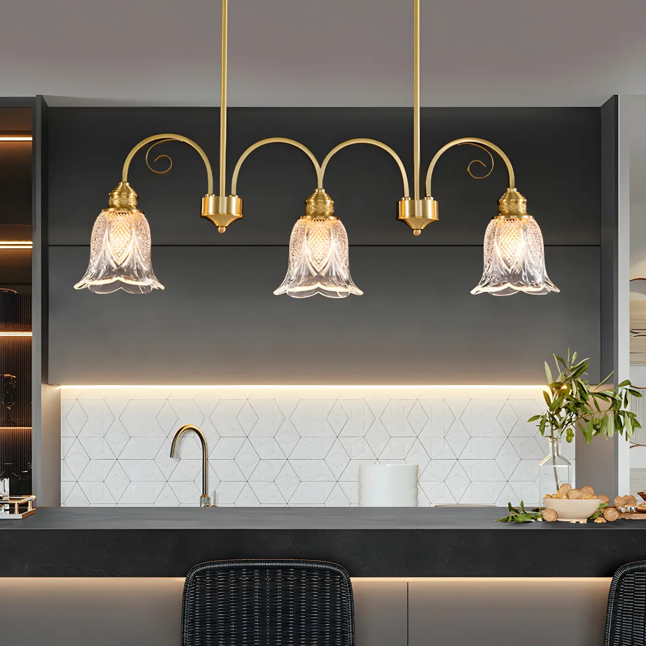 Brass Geometric Island Pendant Light with Glass Floral Shape Image - 9 | homeyfad