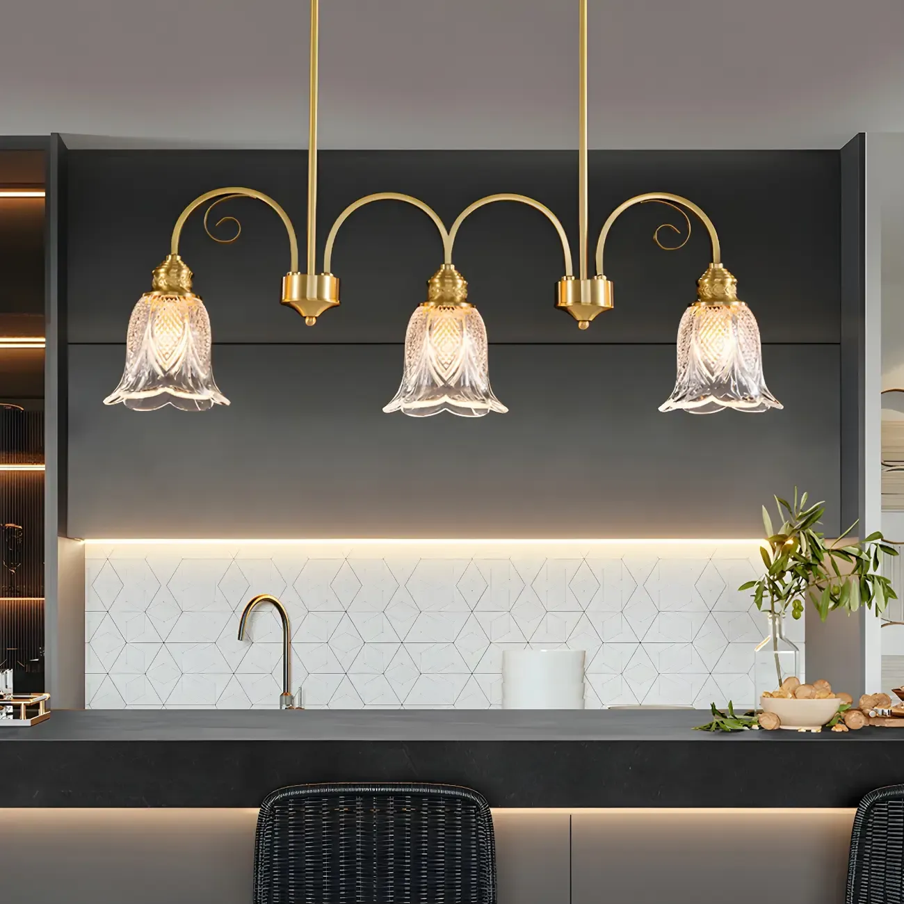 Brass Geometric Island Pendant Light with Glass Floral Shape Image - 9