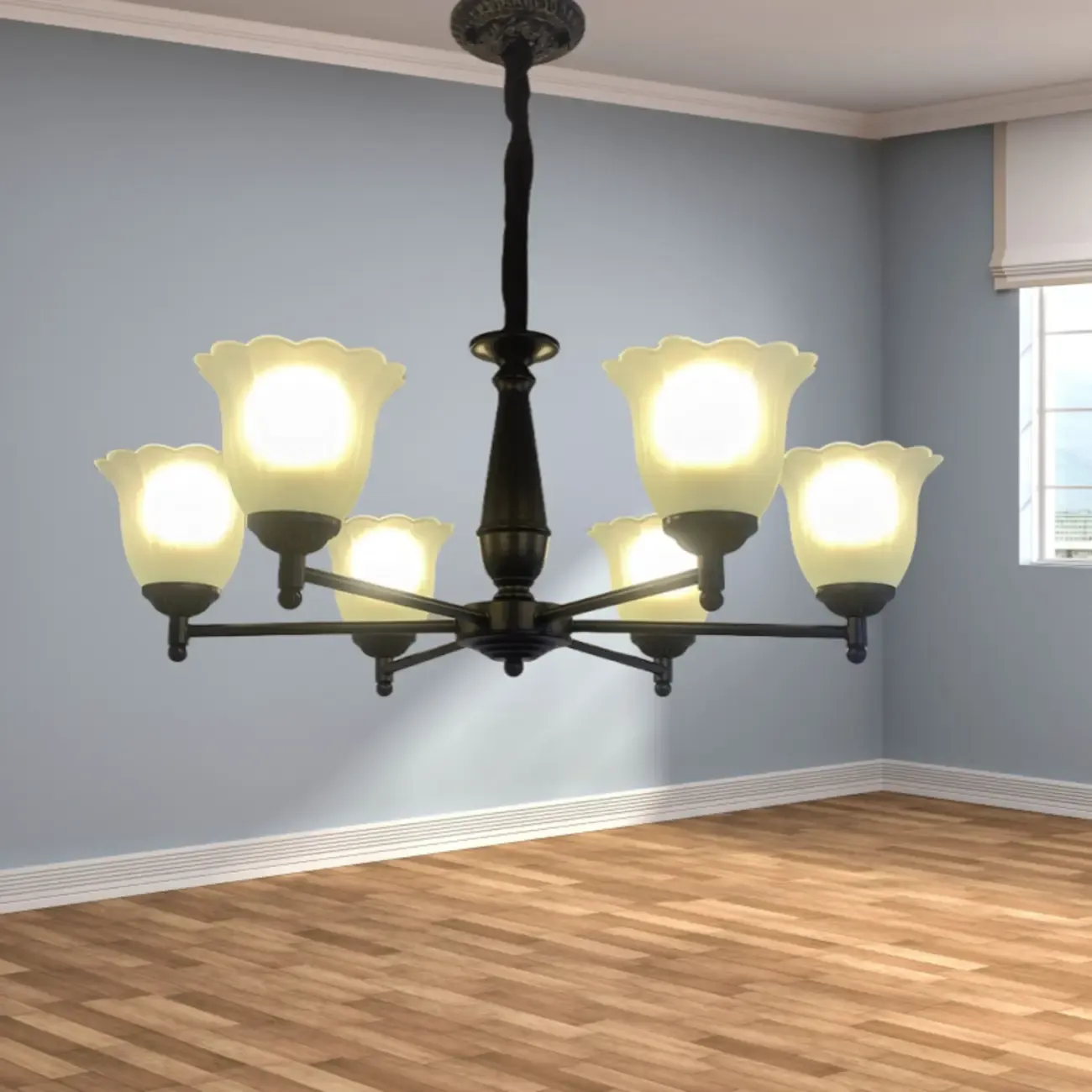 Vintage Metal Chandelier with Tulip Glass for Living Room Image - 3