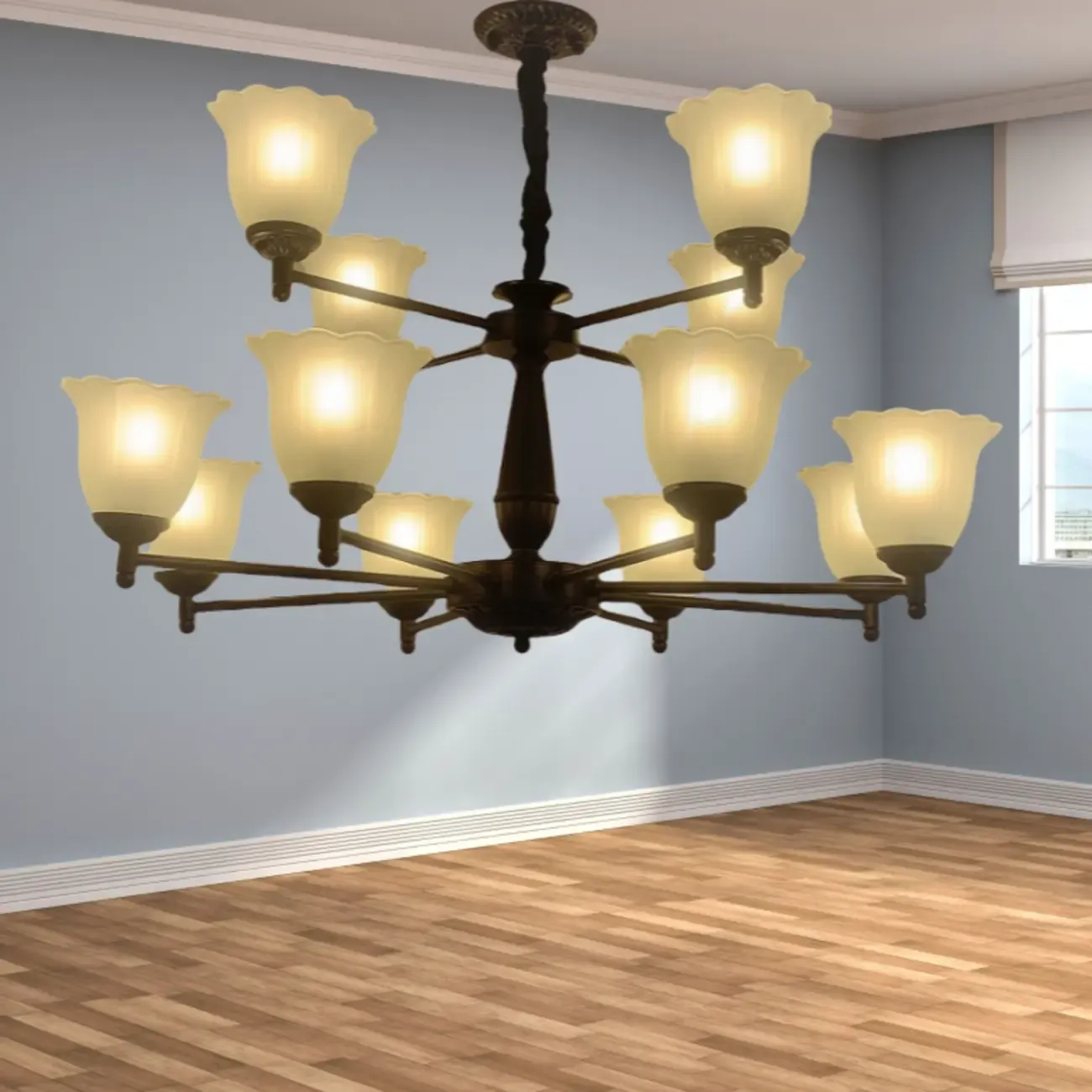 Vintage Metal Chandelier with Tulip Glass for Living Room Image - 7