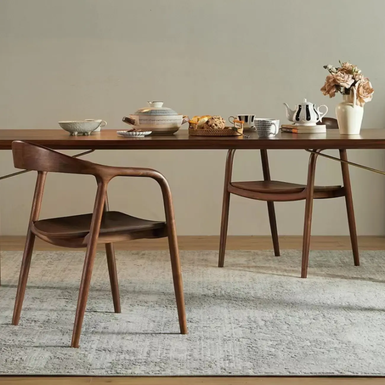 Modern Natural Wood Dining Chair Curved Back with Armrest Image - 1 | homeyfad