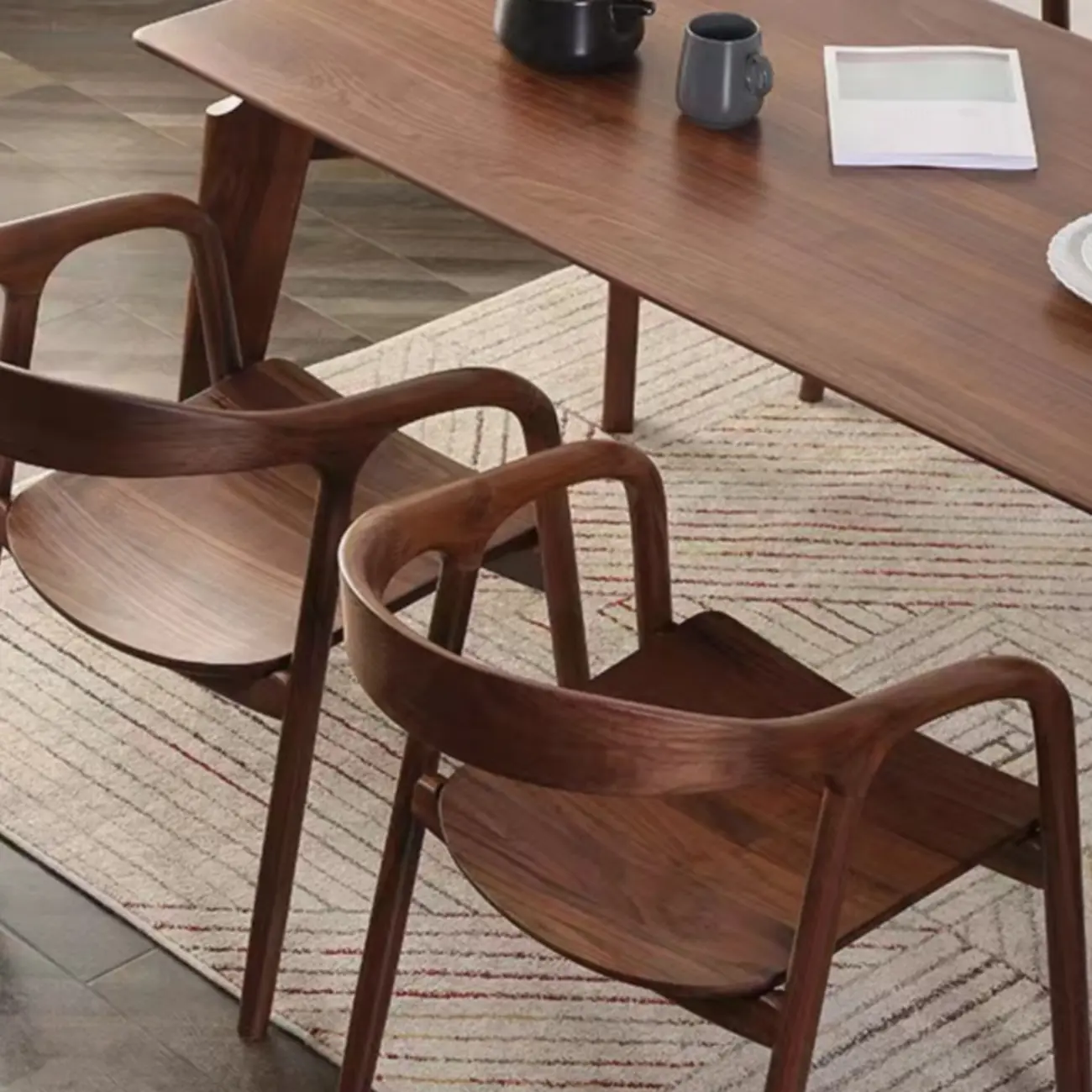 Modern Natural Wood Dining Chair Curved Back with Armrest Image - 6 | homeyfad