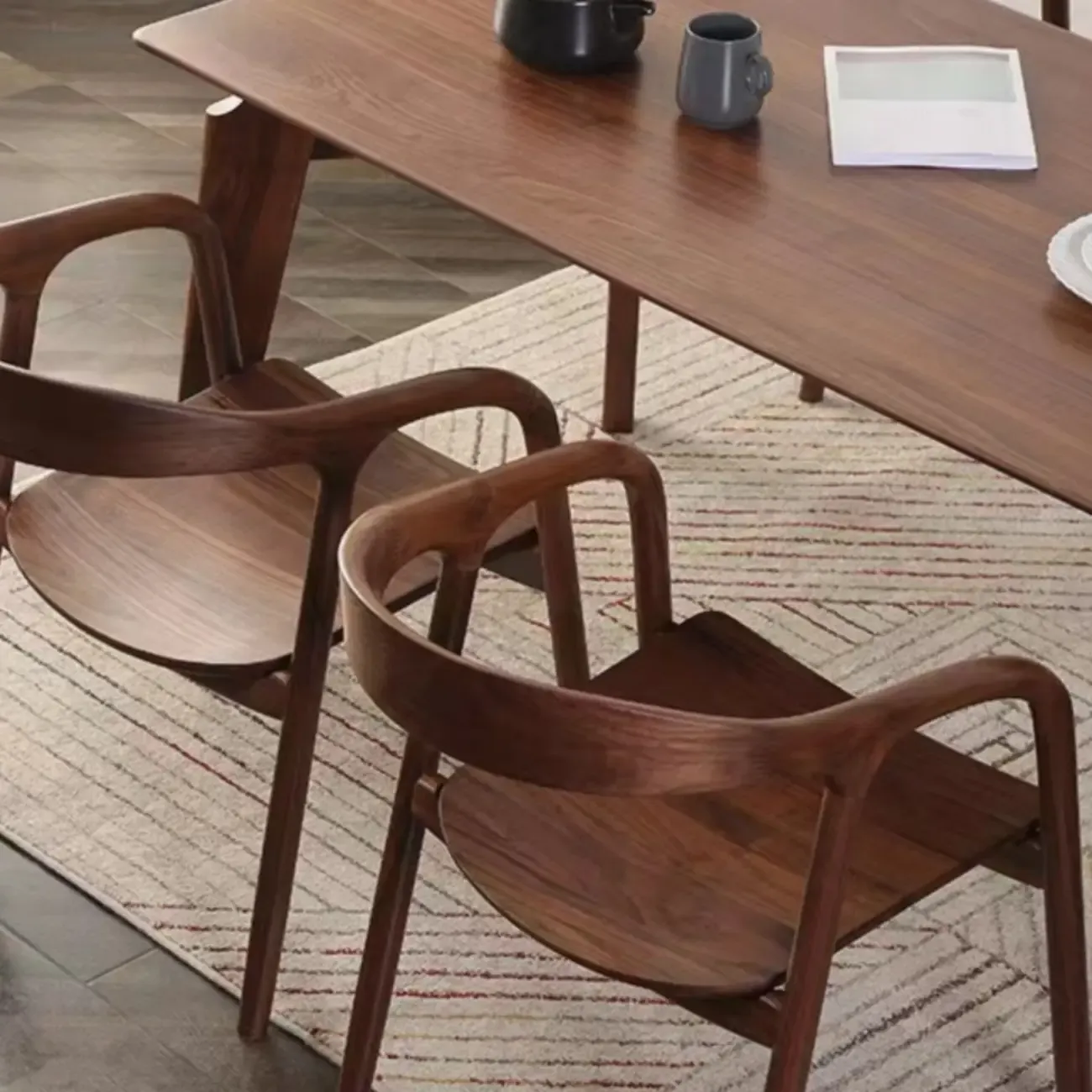 Modern Natural Wood Dining Chair Curved Back with Armrest Image - 6