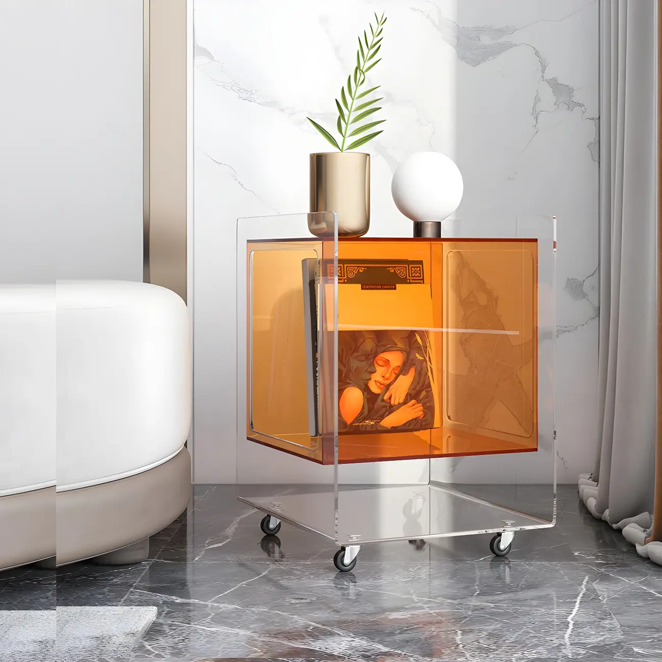 Modish Clear Design Acrylic Nightstand with Casters Open Shelf Image - 2 | homeyfad
