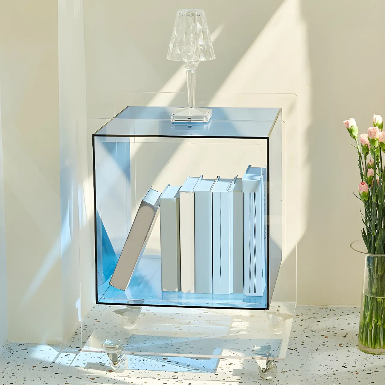 Modish Clear Design Acrylic Nightstand with Casters Open Shelf Image - 17 | homeyfad