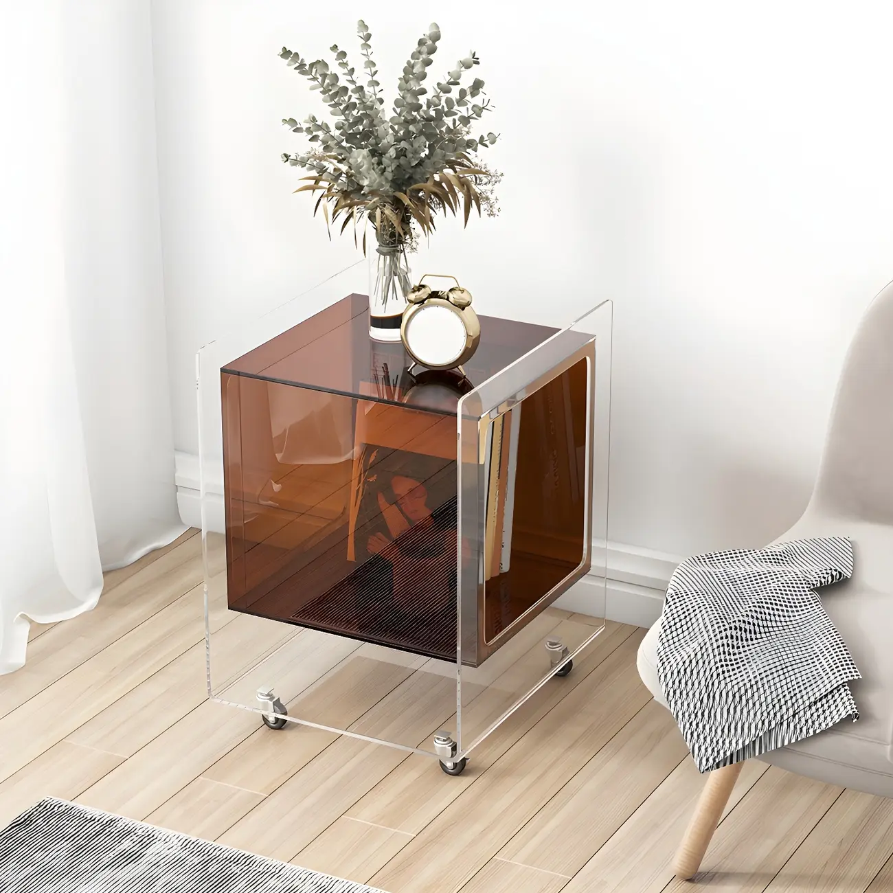 Modish Clear Design Acrylic Nightstand with Casters Open Shelf Image - 18 | homeyfad