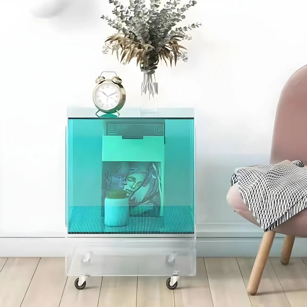 Modish Clear Design Acrylic Nightstand with Casters Open Shelf Image - 19