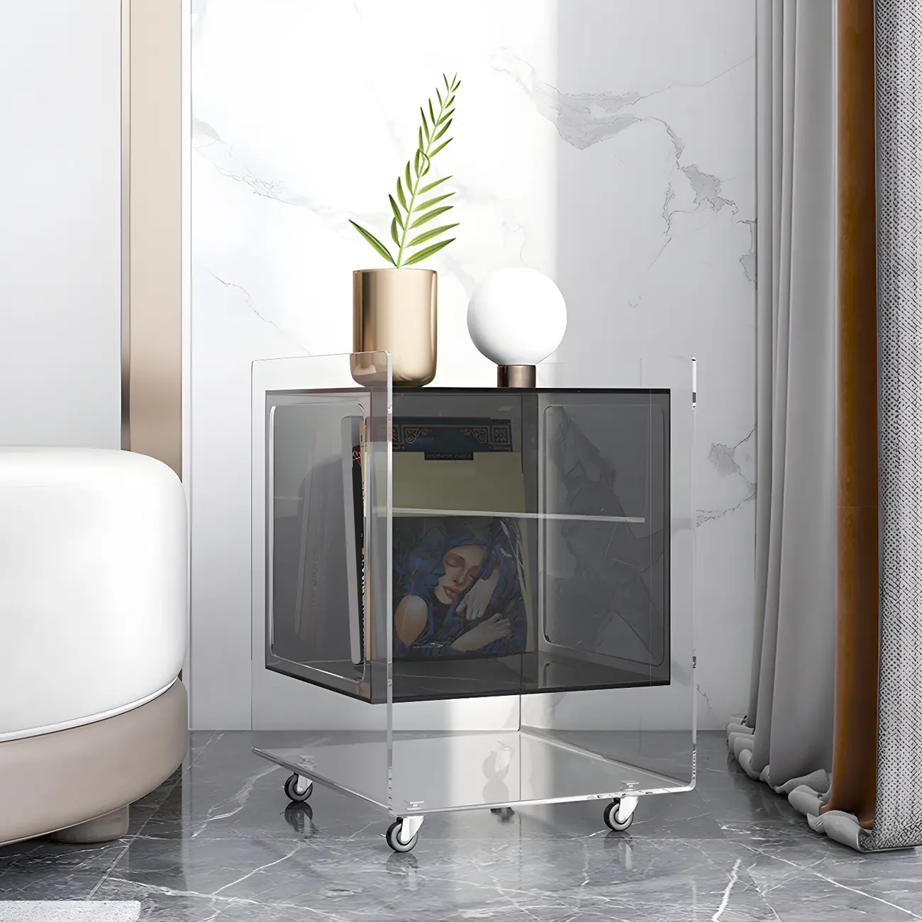Modish Clear Design Acrylic Nightstand with Casters Open Shelf Image - 3 | homeyfad