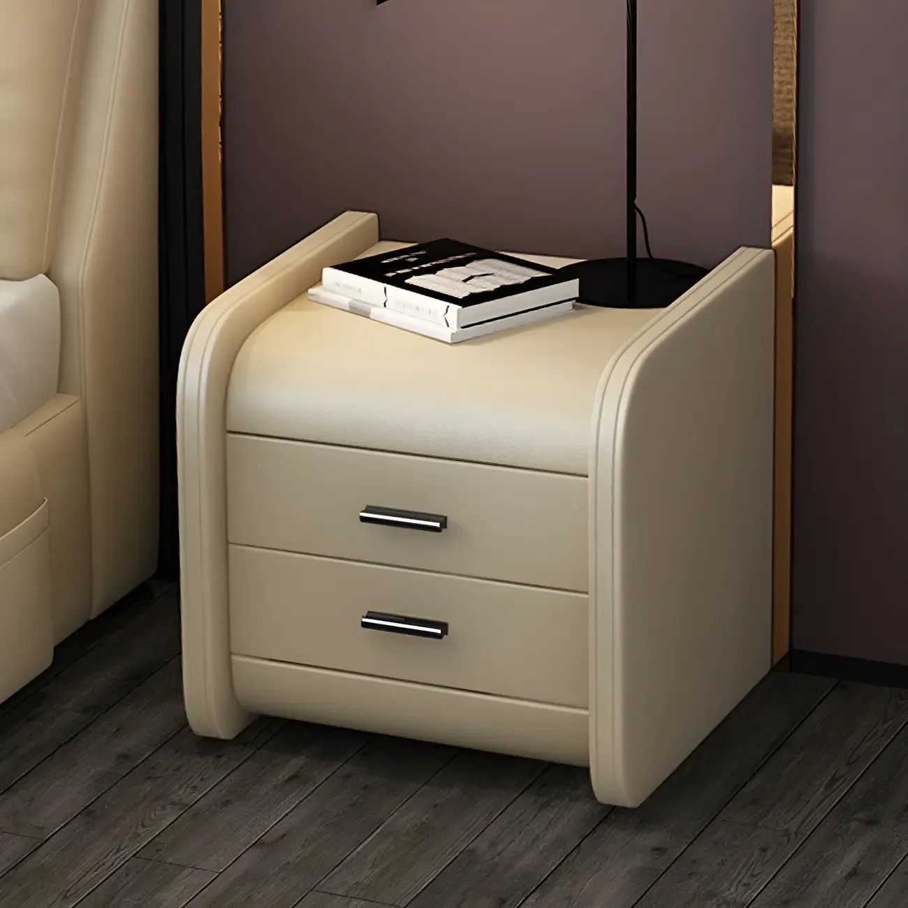 Modern Round Edge Nightstand with 2 Drawers in Beige Leather Image - 1