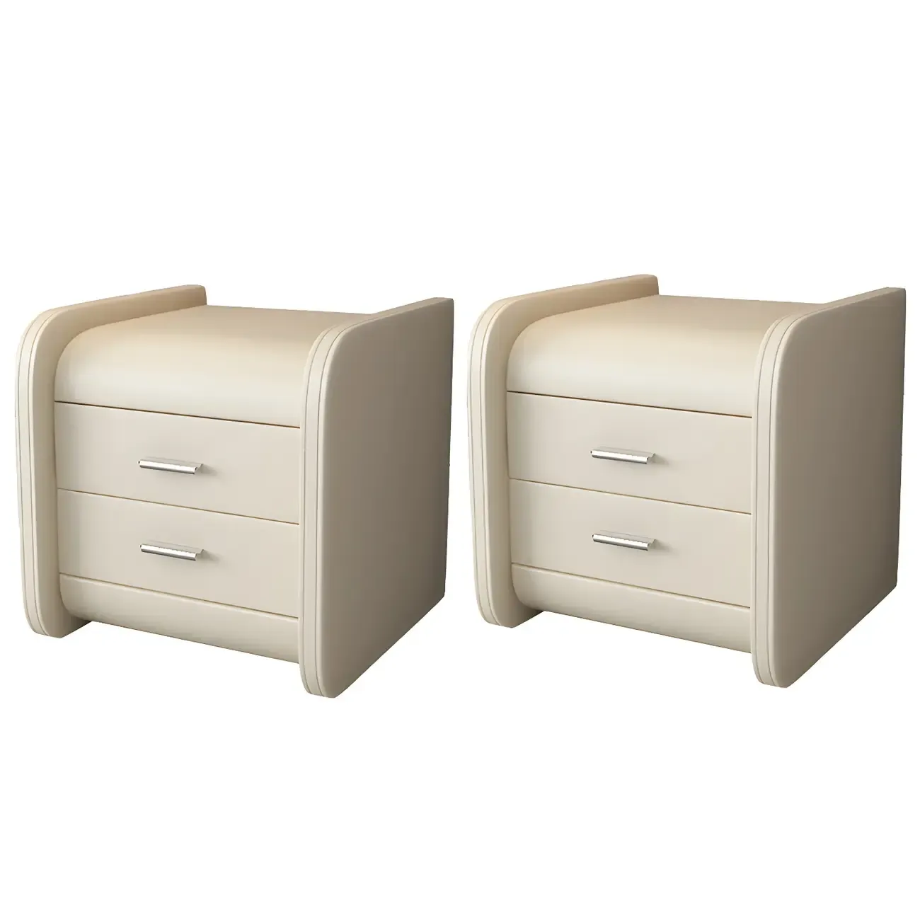 Modern Round Edge Nightstand with 2 Drawers in Beige Leather Image - 2