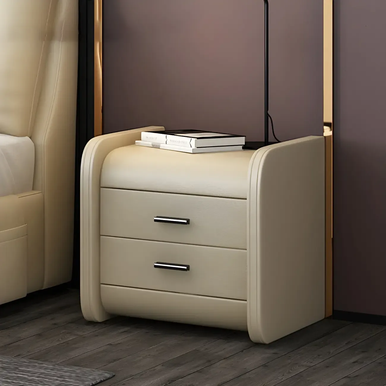 Modern Round Edge Nightstand with 2 Drawers in Beige Leather Image - 3