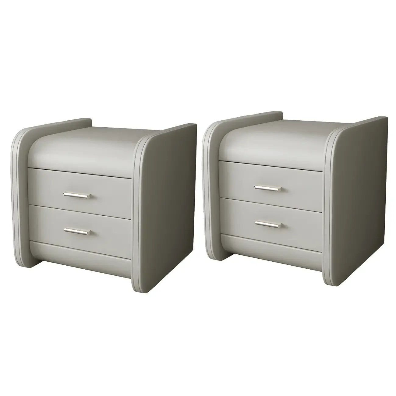 Modern Round Edge Nightstand with 2 Drawers in Beige Leather Image - 4