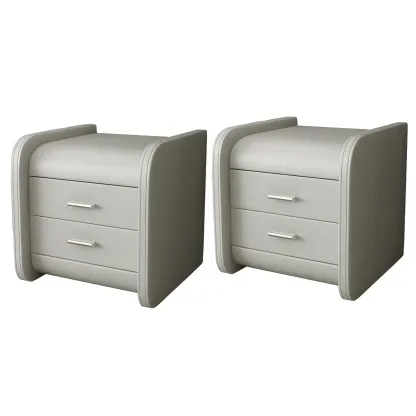 Modern Round Edge Nightstand with 2 Drawers in Beige Leather Image - 4