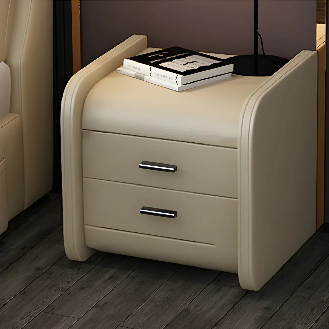 Modern Round Edge Nightstand with 2 Drawers in Beige Leather Image - 5 | homeyfad