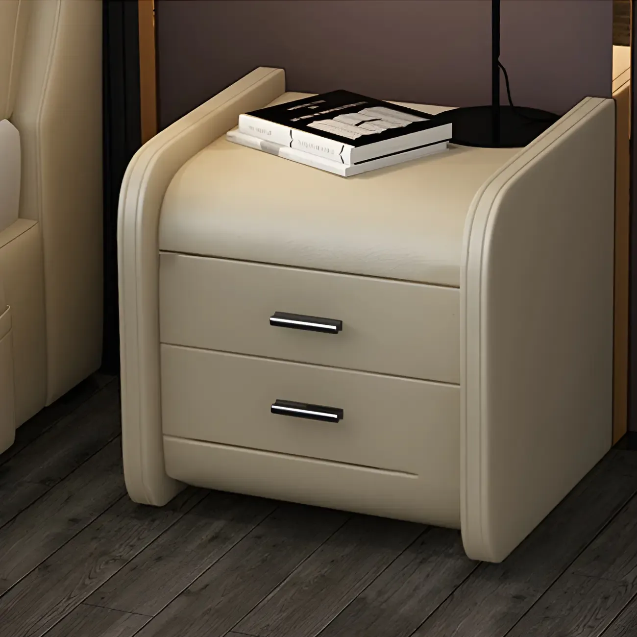 Modern Round Edge Nightstand with 2 Drawers in Beige Leather Image - 5