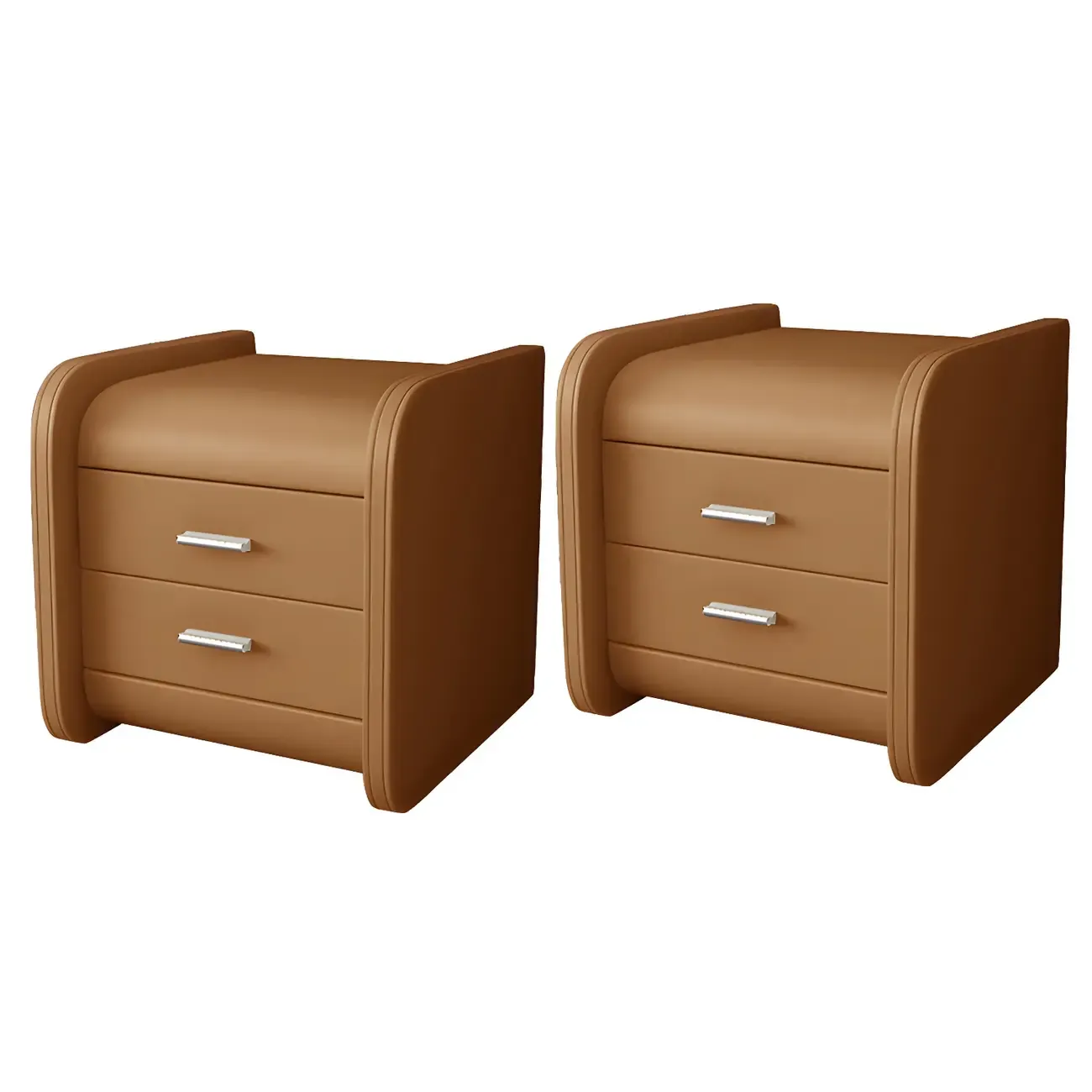 Modern Round Edge Nightstand with 2 Drawers in Beige Leather Image - 6