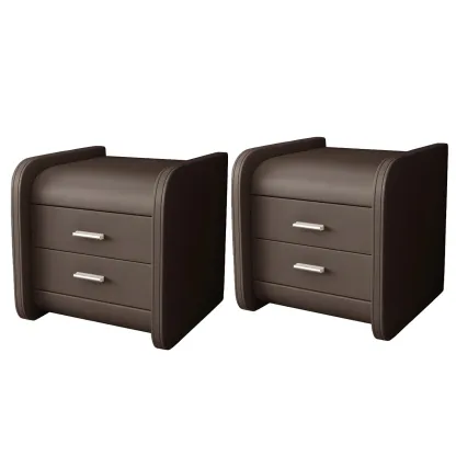 Modern Round Edge Nightstand with 2 Drawers in Beige Leather Image - 9