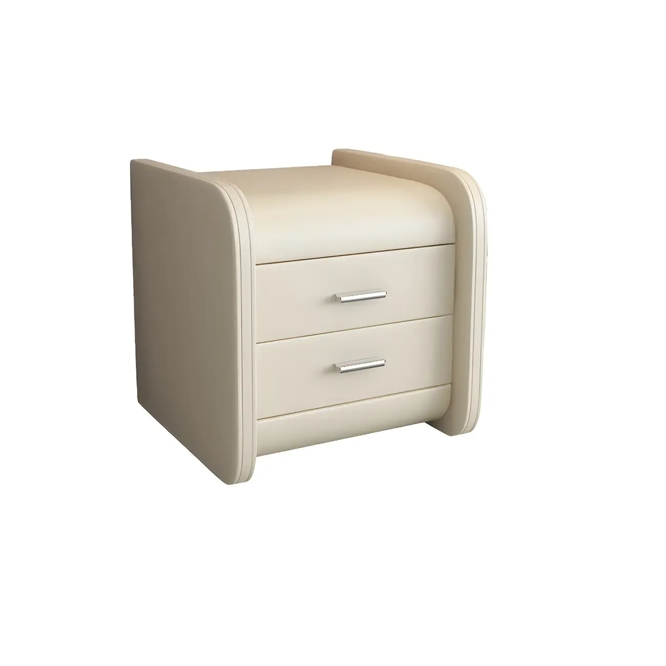 Modern Round Edge Nightstand with 2 Drawers in Beige Leather Image - 10