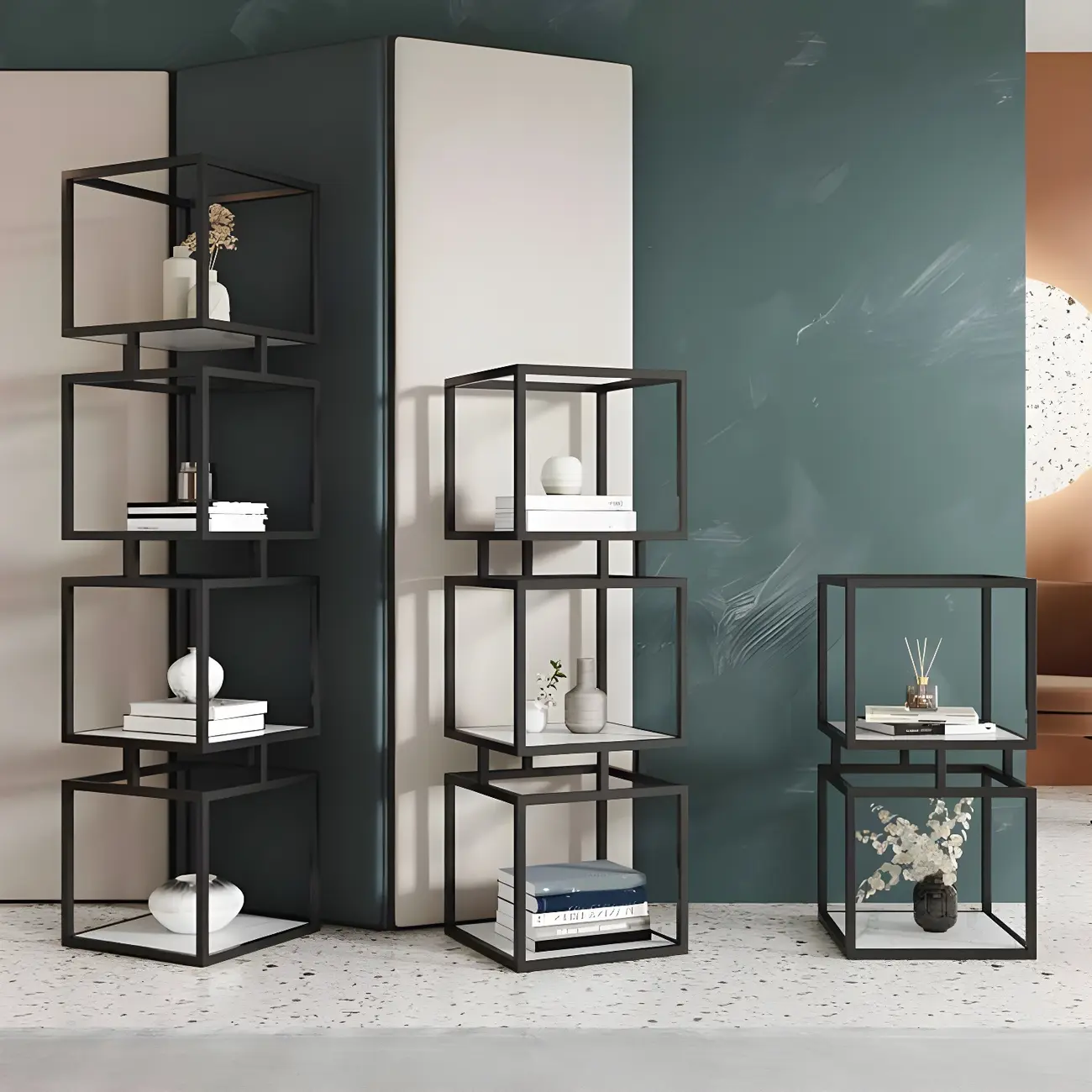Modern Cube Bookcase with Metal Tower Display Shelf in Black & Gold Image - 1 | homeyfad