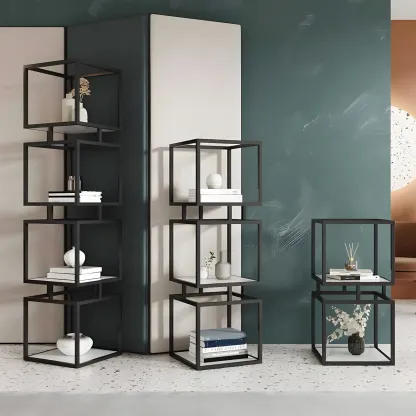 Modern Cube Bookcase with Metal Tower Display Shelf in Black & Gold Image - 1