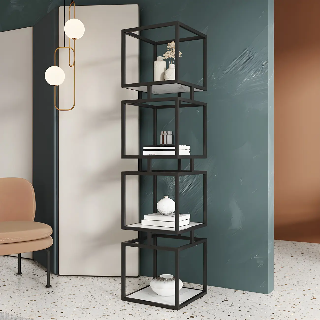 Modern Cube Bookcase with Metal Tower Display Shelf in Black & Gold Image - 3 | homeyfad