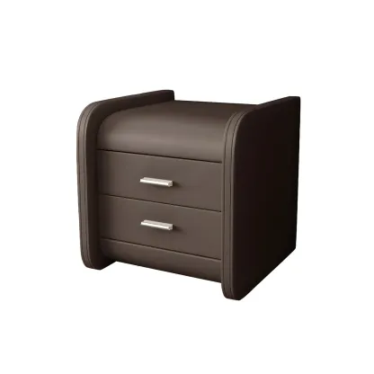 Modern Round Edge Nightstand with 2 Drawers in Beige Leather Image - 16