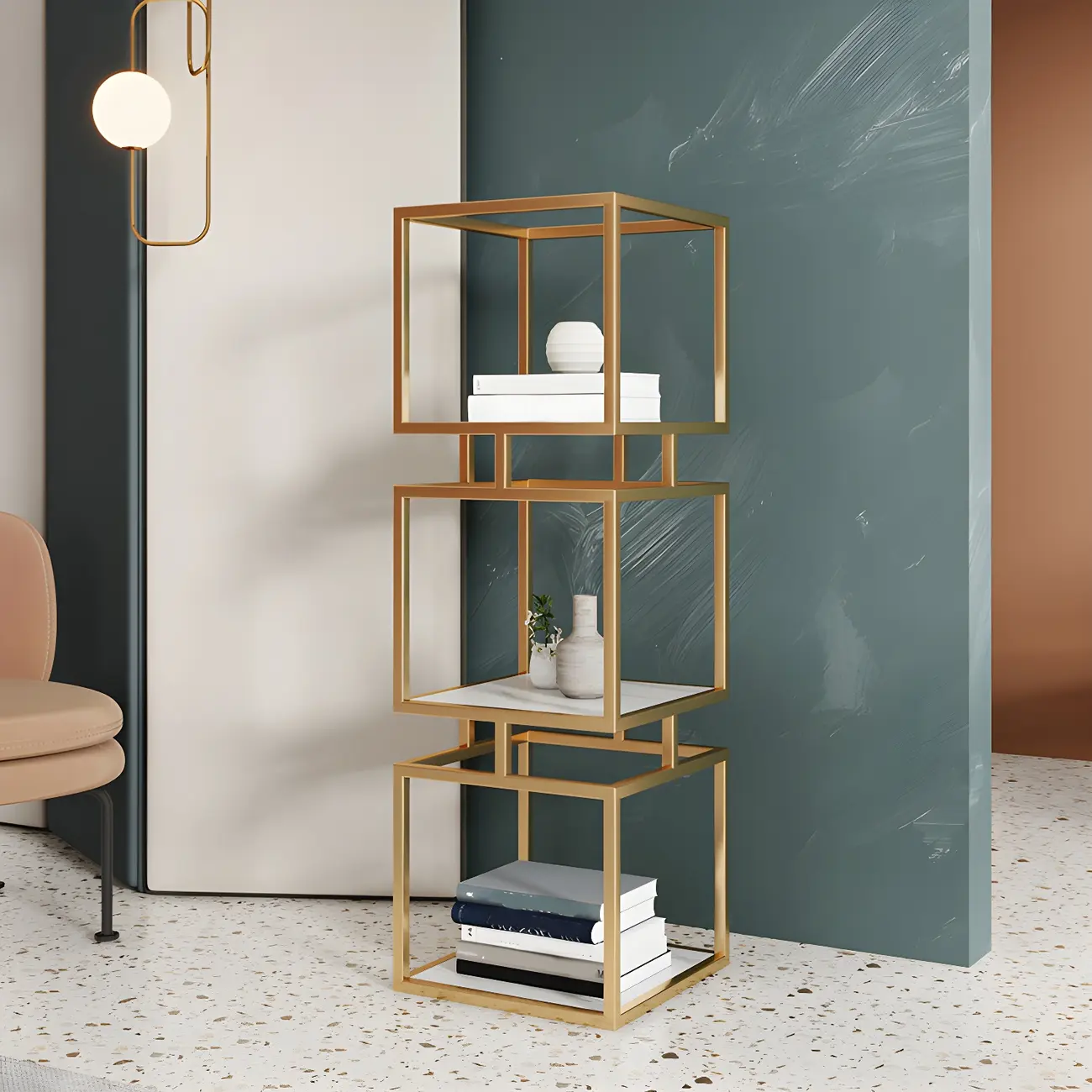 Modern Cube Bookcase with Metal Tower Display Shelf in Black & Gold Image - 5 | homeyfad