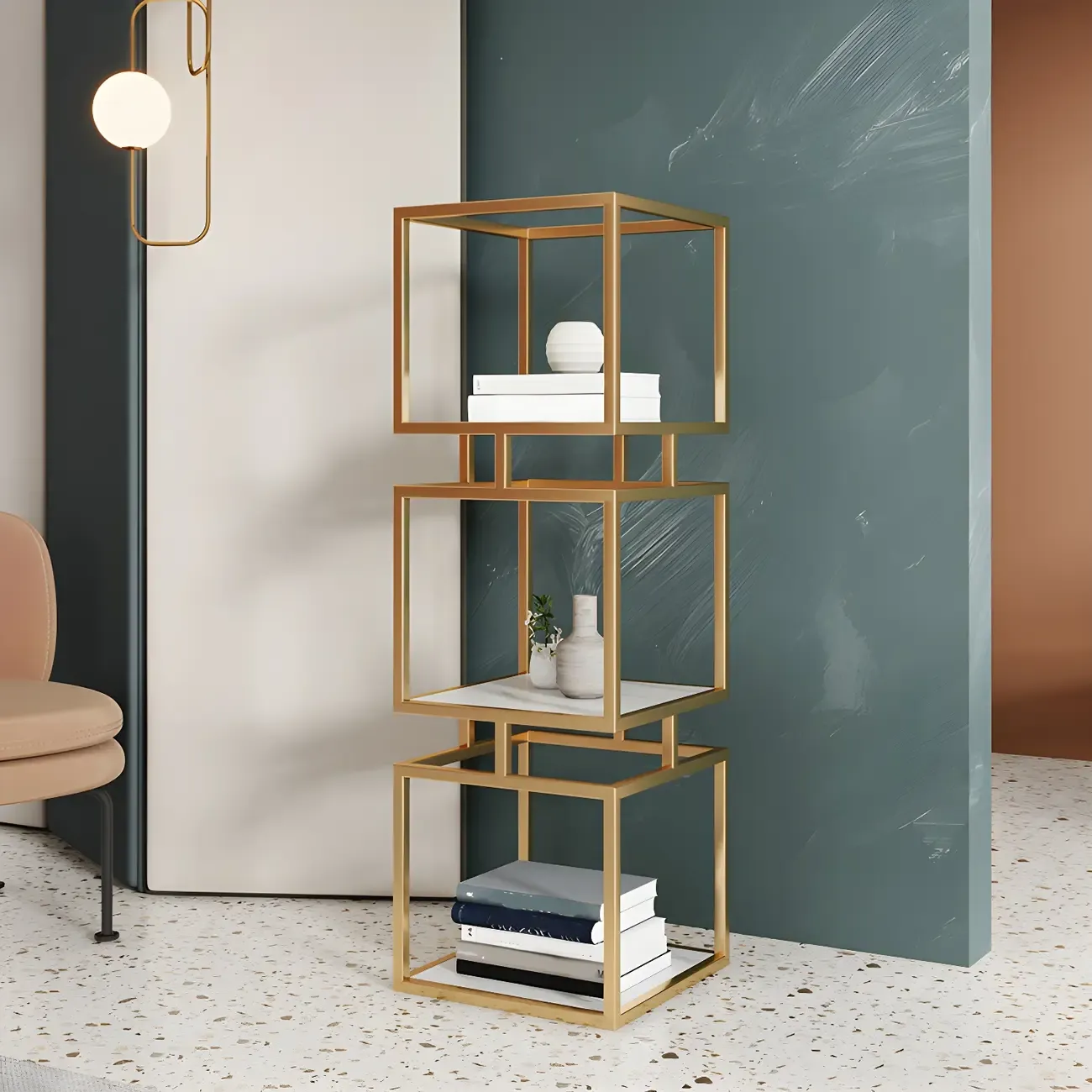 Modern Cube Bookcase with Metal Tower Display Shelf in Black & Gold Image - 5