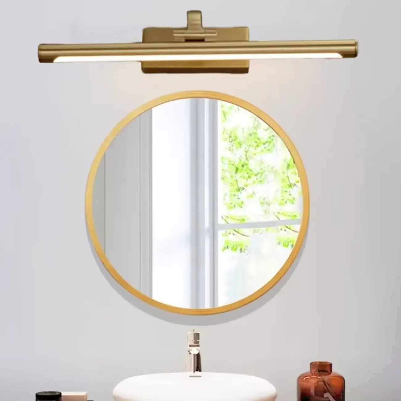 Gold Bathroom Linear Vanity Lights Fixture Over Mirror Image - 2