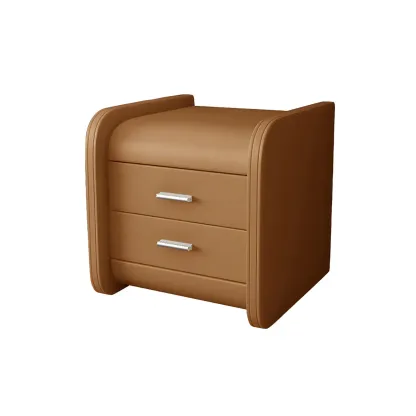 Modern Round Edge Nightstand with 2 Drawers in Beige Leather Image - 18