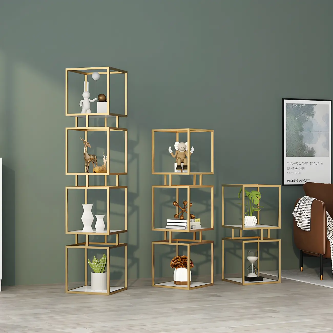 Modern Cube Bookcase with Metal Tower Display Shelf in Black & Gold Image - 7 | homeyfad