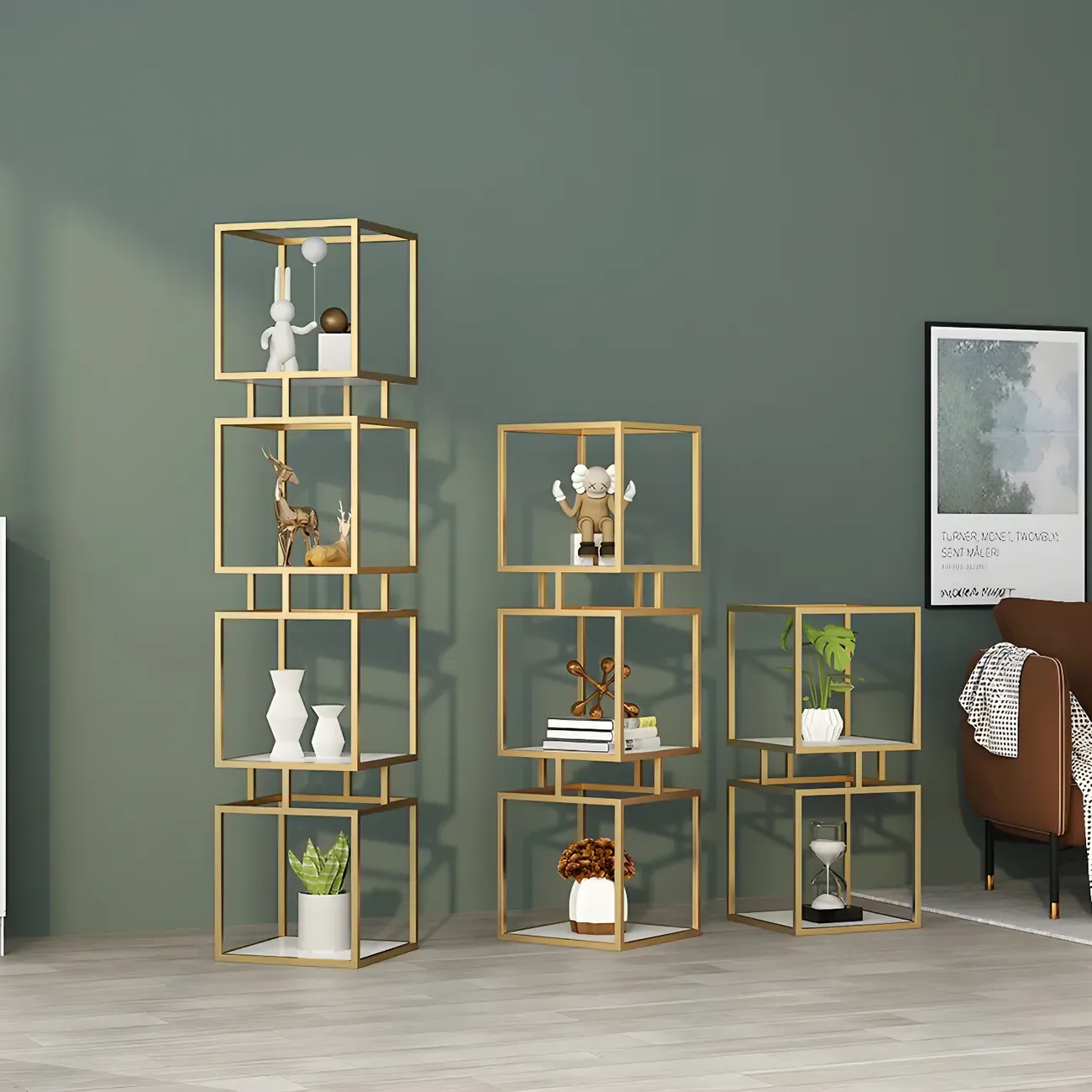 Modern Cube Bookcase with Metal Tower Display Shelf in Black & Gold Image - 7