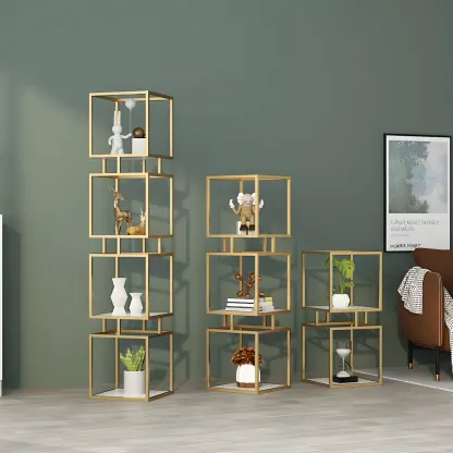 Modern Cube Bookcase with Metal Tower Display Shelf in Black & Gold Image - 7