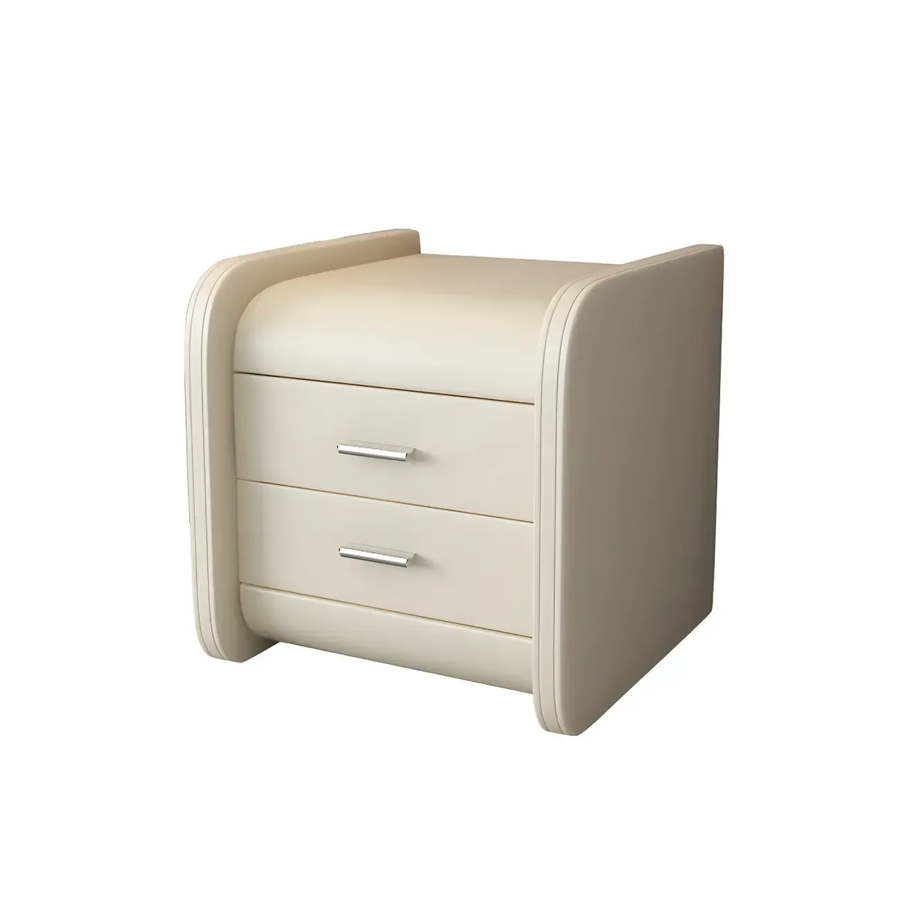 Modern Round Edge Nightstand with 2 Drawers in Beige Leather Image - 20