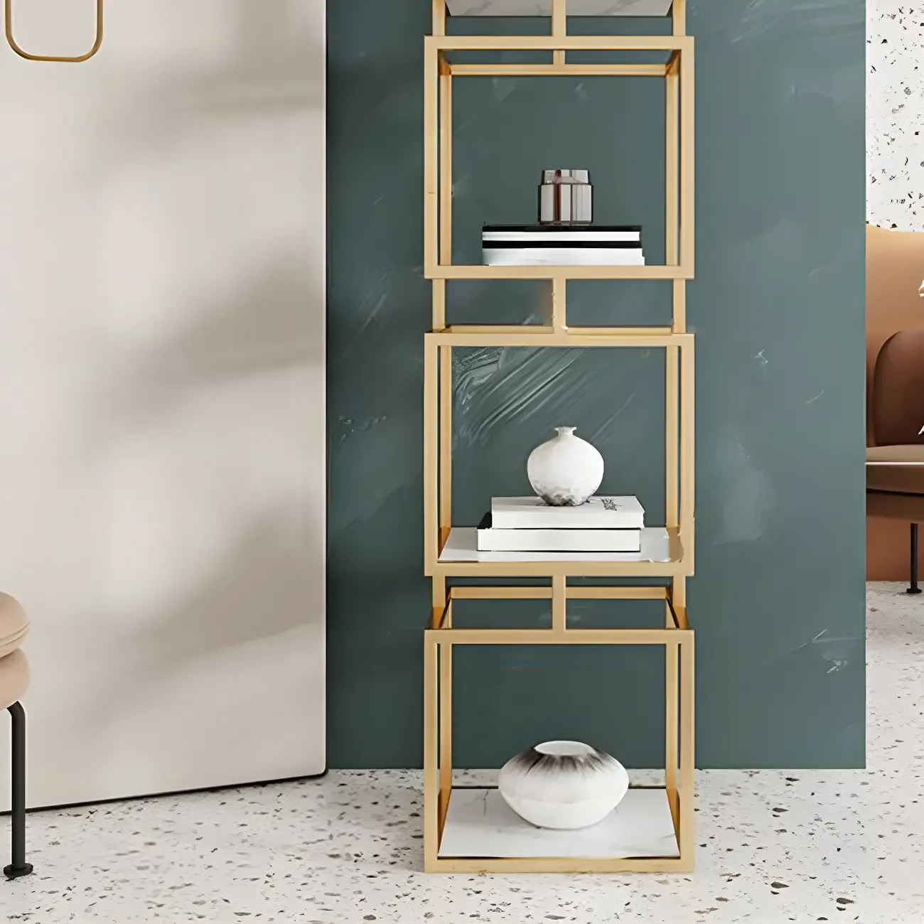 Modern Cube Bookcase with Metal Tower Display Shelf in Black & Gold Image - 9