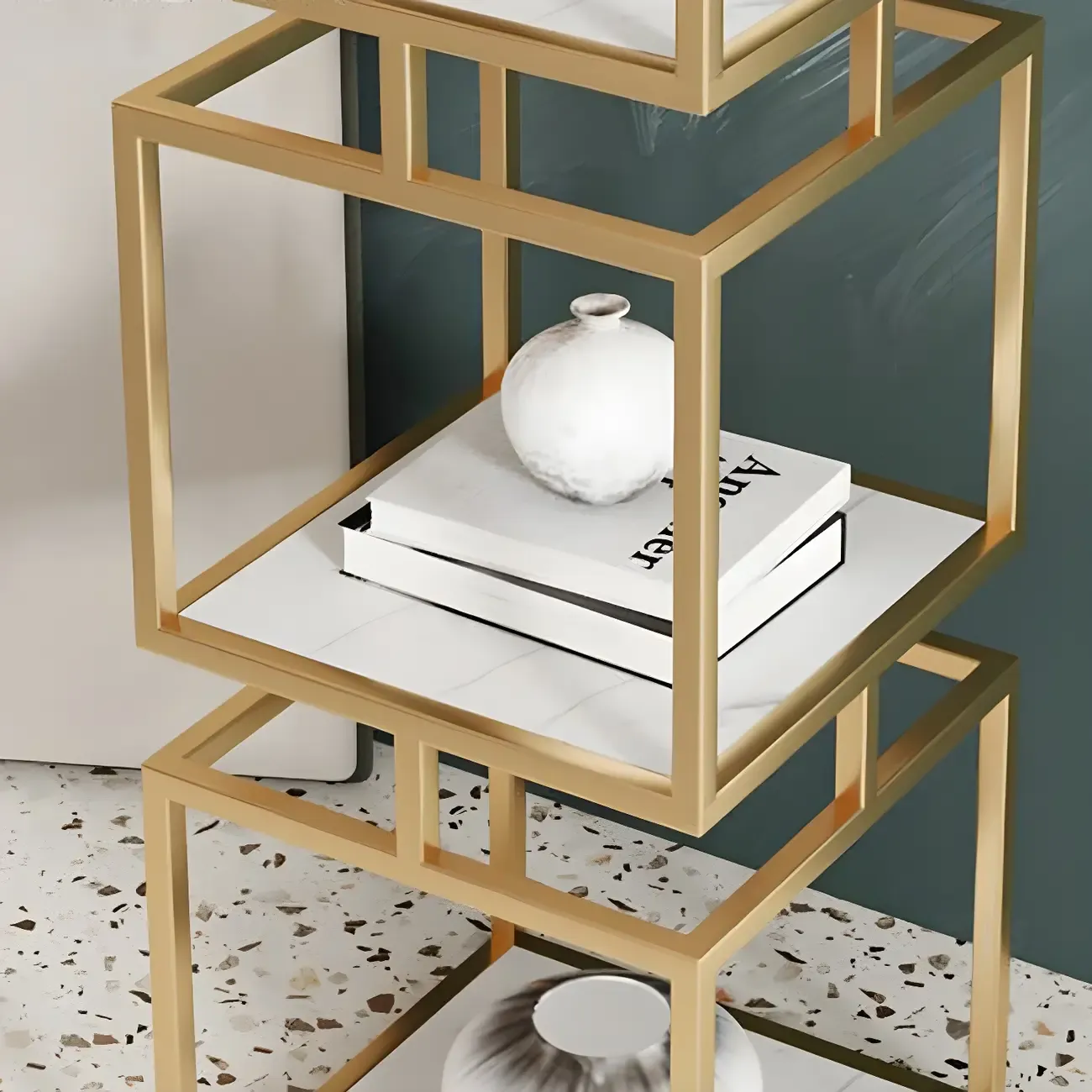 Modern Cube Bookcase with Metal Tower Display Shelf in Black & Gold Image - 10