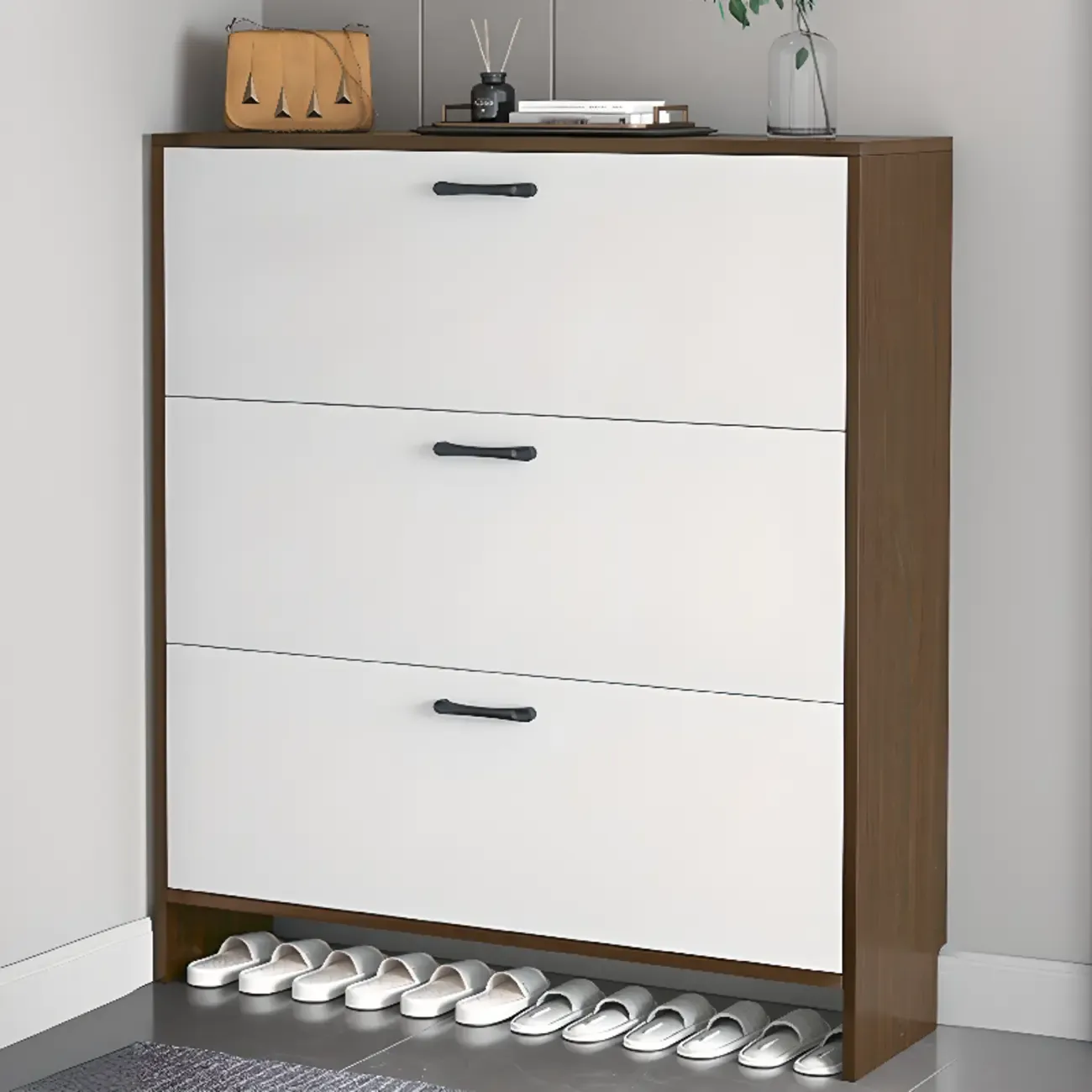 Hallway Wooden Shoe Storage Cabinet with Flip Doors Image - 9