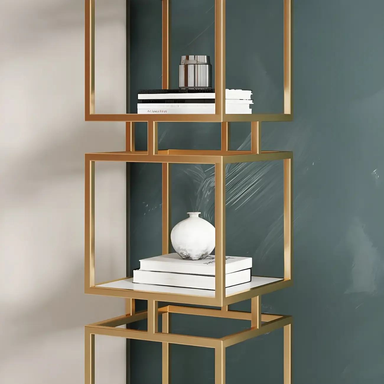 Modern Cube Bookcase with Metal Tower Display Shelf in Black & Gold Image - 11